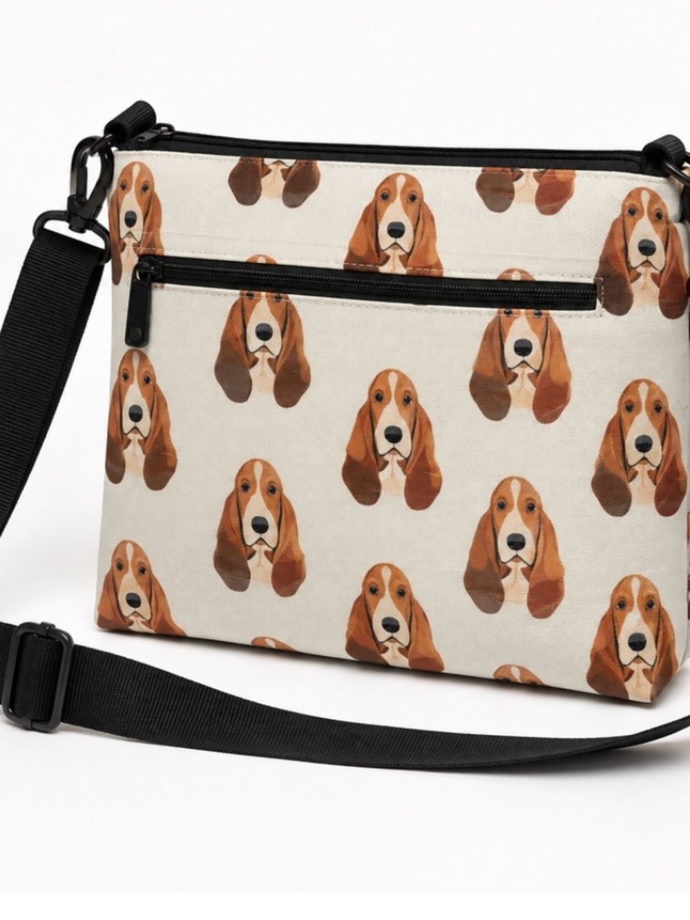 Canvas Crossbody Bag with Basset Hound Print - Cream